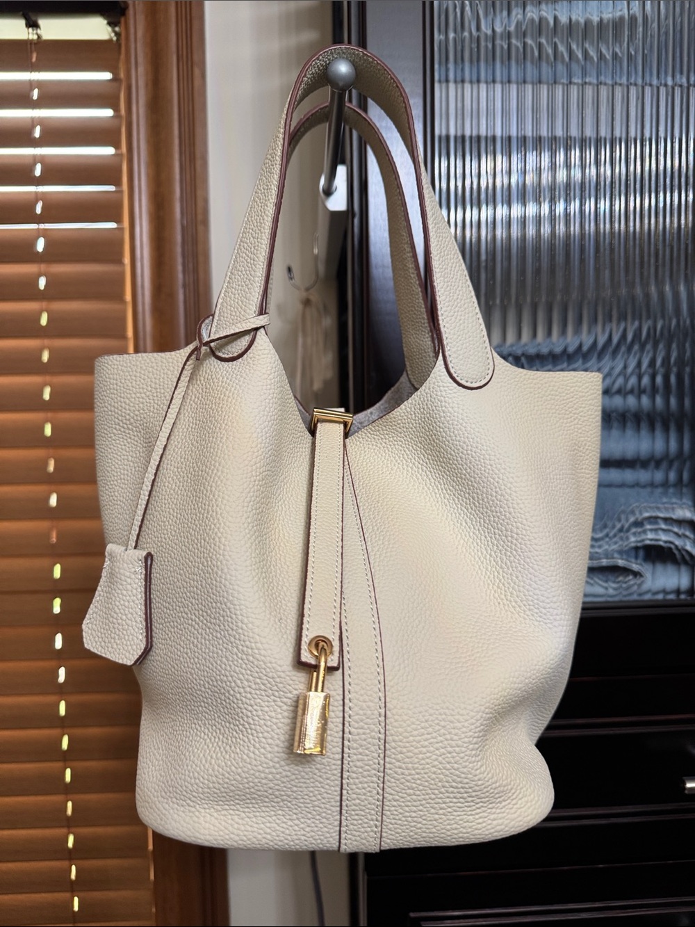 Amazon Cream Pebbled Leather Tote with Gold Lock Accent
